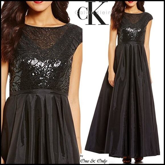 Calvin Klein NWT BLACK Sequin Taffeta Cap Sleeve Gown Dress Women Size 2 - Picture 1 of 15
